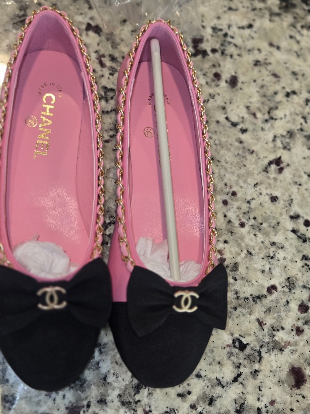 Chanel Pink & Black Bow Cap-Toe Chain Ballet Flats